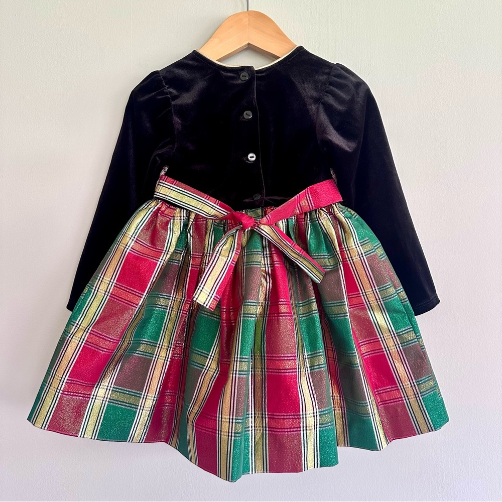 🎄BONNIE JEAN Toddler Christmas Velvet Plaid Embroidered Holiday Dress - Picture 6 of 6